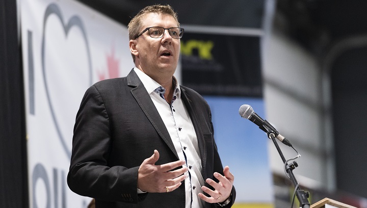 Saskatchewan Premier Scott Moe speaks during a pro-pipeline rally at IJACK Technologies Inc. near Moosomin, Sask., on Feb. 16. Entering his second spring session as premier, Moe is not likely worried about how his government will perform, says a political scientist.