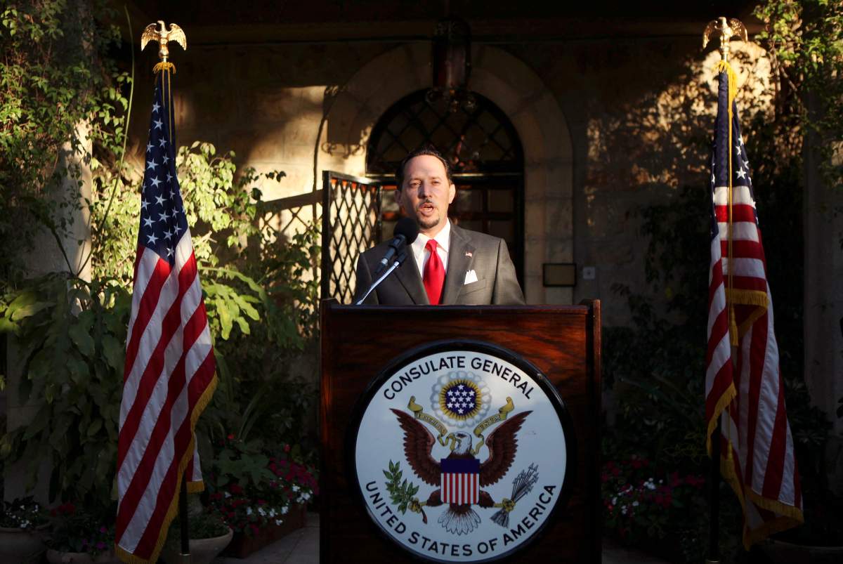 FILE - In this June 30, 201, file photo, then U.S. Consul General of Jerusalem Daniel Rubinstein gives a speech during a reception for the upcoming July 4 U.S. Independence Day celebrations at the American Consulate in Jerusalem.