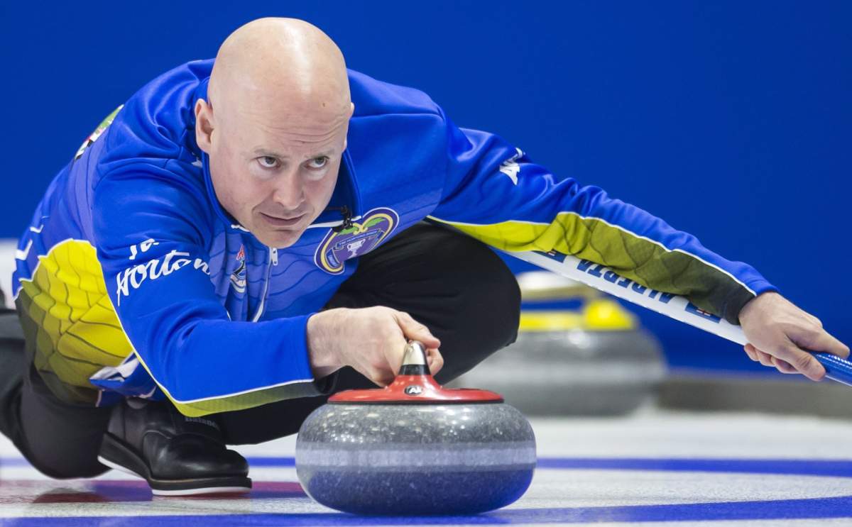 Team Alberta skip Kevin Koe makes a shot during the 10th draw against team British Columbia at the Brier in Brandon, Man. Tuesday, March 5, 2019.