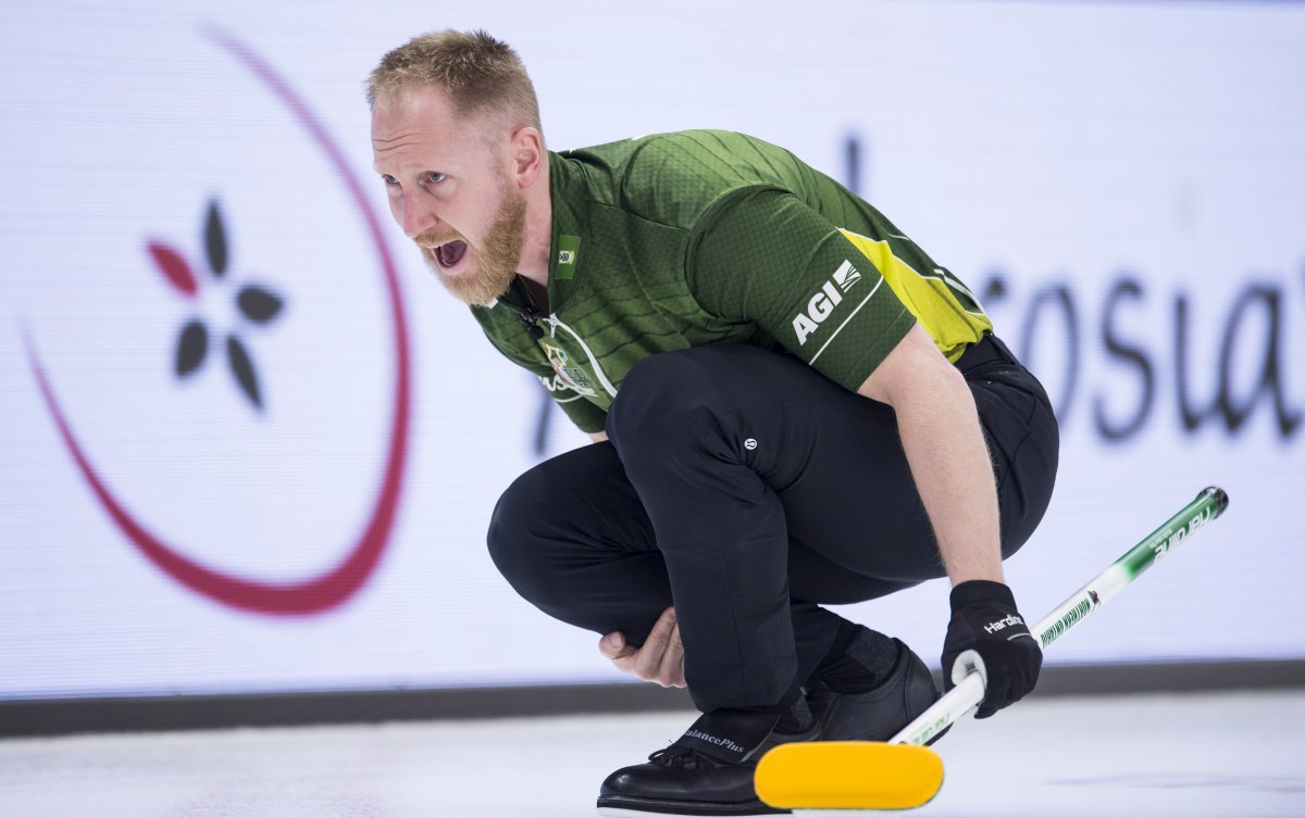 Team Northern Ontario skip Brad Jacobs calls a shot during the 13th draw against team Yukon at the Brier in Brandon, Man. Wednesday, March, 6, 2019. 