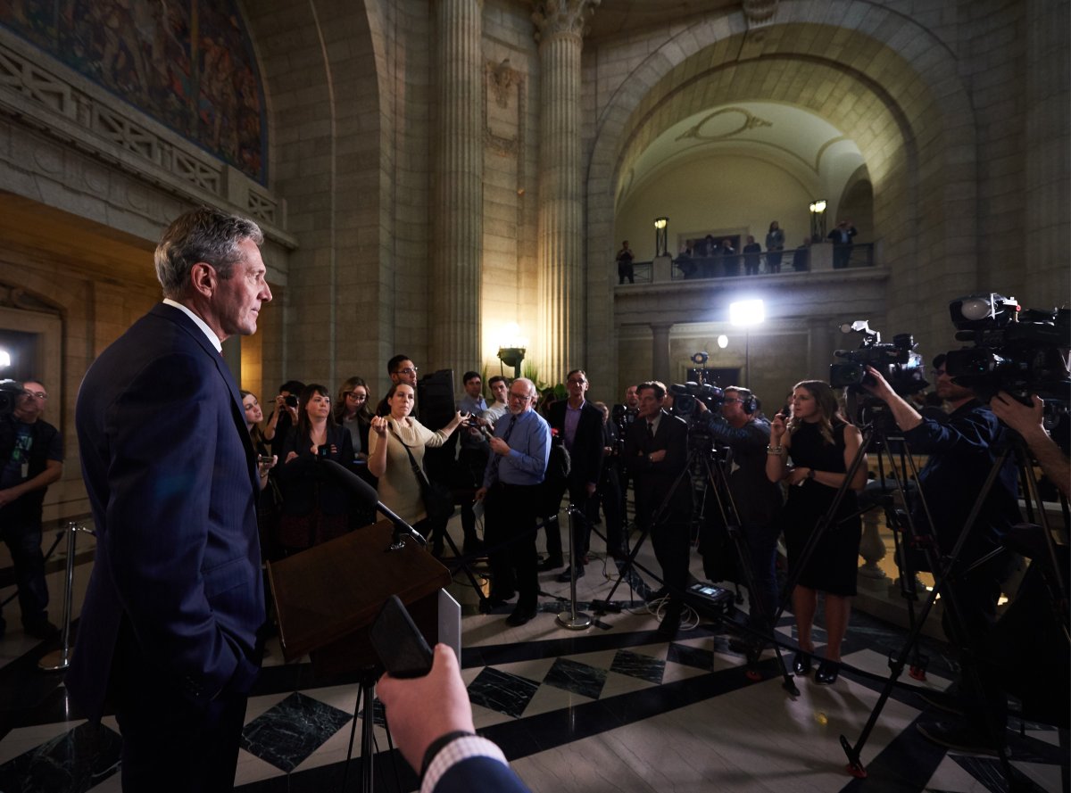 Manitoba Premier Brian Pallister speaks to media following the delivery of Manitoba's 2019 budget, at the Legislative Building in Winnipeg, Thursday, March 7, 2019. 
