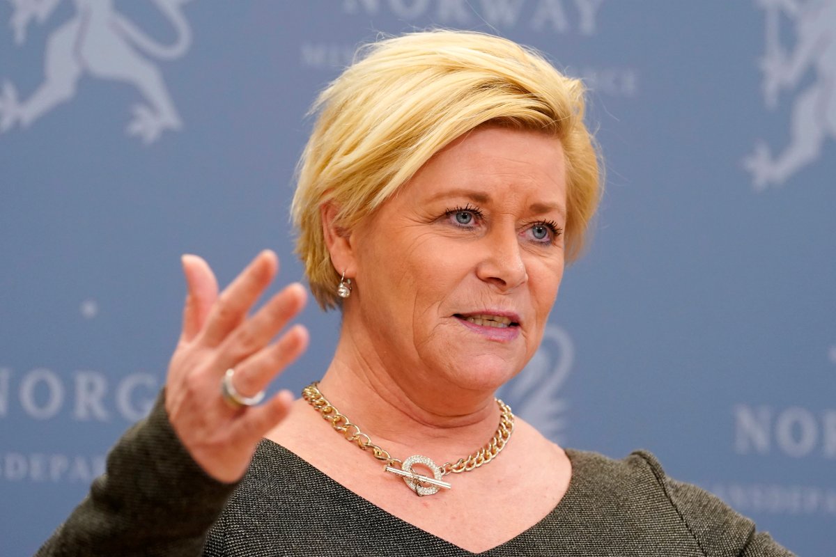 Minister of Finance Siv Jensen speaks during a press conference in Oslo, Norway, Friday March 8, 2019. Norway's $1 trillion wealth fund, the biggest of its kind in the world, will begin dumping shares in oil and gas companies, Minister of Finance Siv Jensen said Friday March 8, 2019.