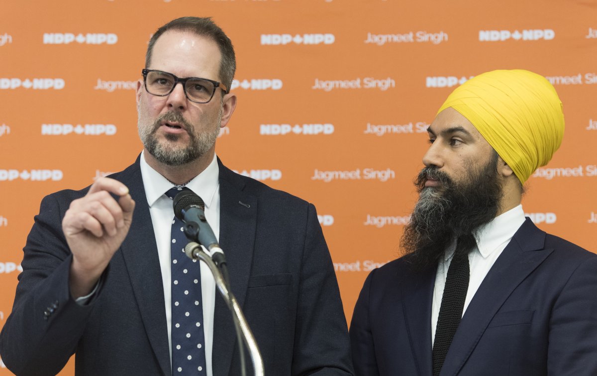NDP Leader Jagmeet Singh, right, looks on as MP Alexandre Boulerice speaks during a news conference in Montreal, Monday, March 11, 2019. Singh announced Boulerice as deputy leader of the party. 