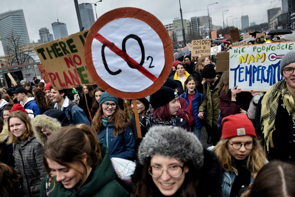 Students take part in a demonstration against climate change during a Friday Global Climate Strike in Warsaw, Poland, 15 March 2019. Youth and students across the world are taking part in a massive global student strike movement called #FridayForFuture which was sparked by Greta Thunberg of Sweden, a sixteen year old climate activist who has been protesting outside the Swedish parliament every Friday since August 2018. POLAND OUT