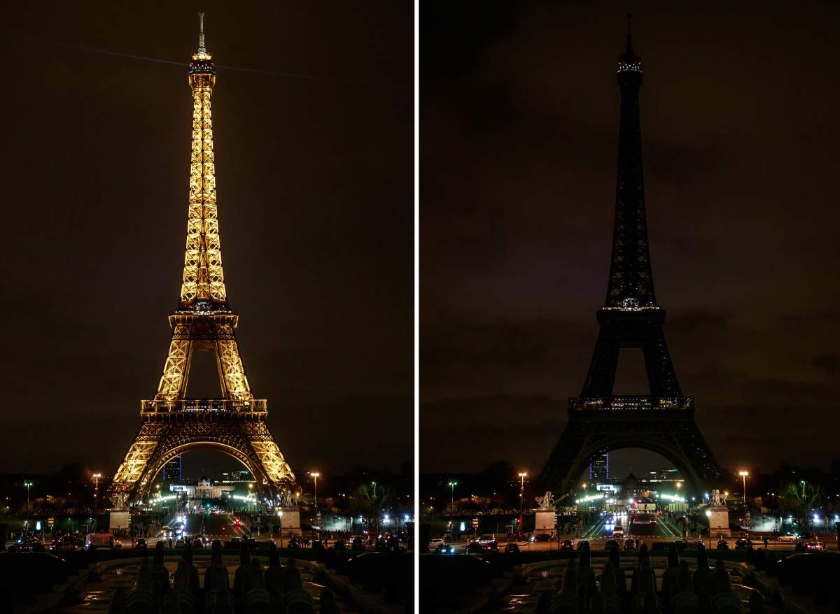 A composite photo shows the Eiffel Tower with light on (L) before and lights off (R) to pay tribute and commemorate the victims of the New Zealand terror attack, in Paris, France, evening of 15 March 2019.