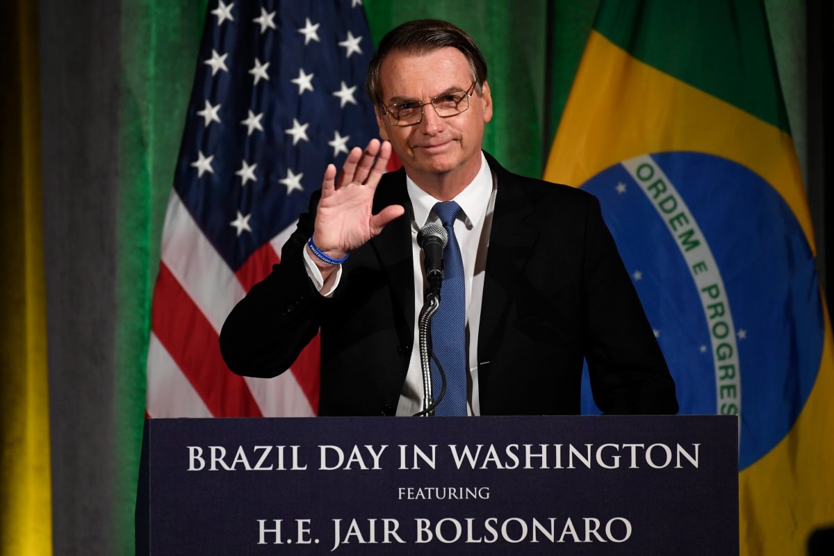 Brazilian President Jair Bolsonaro speaks at the Chamber of Commerce in Washington, Monday, March 18, 2019. 