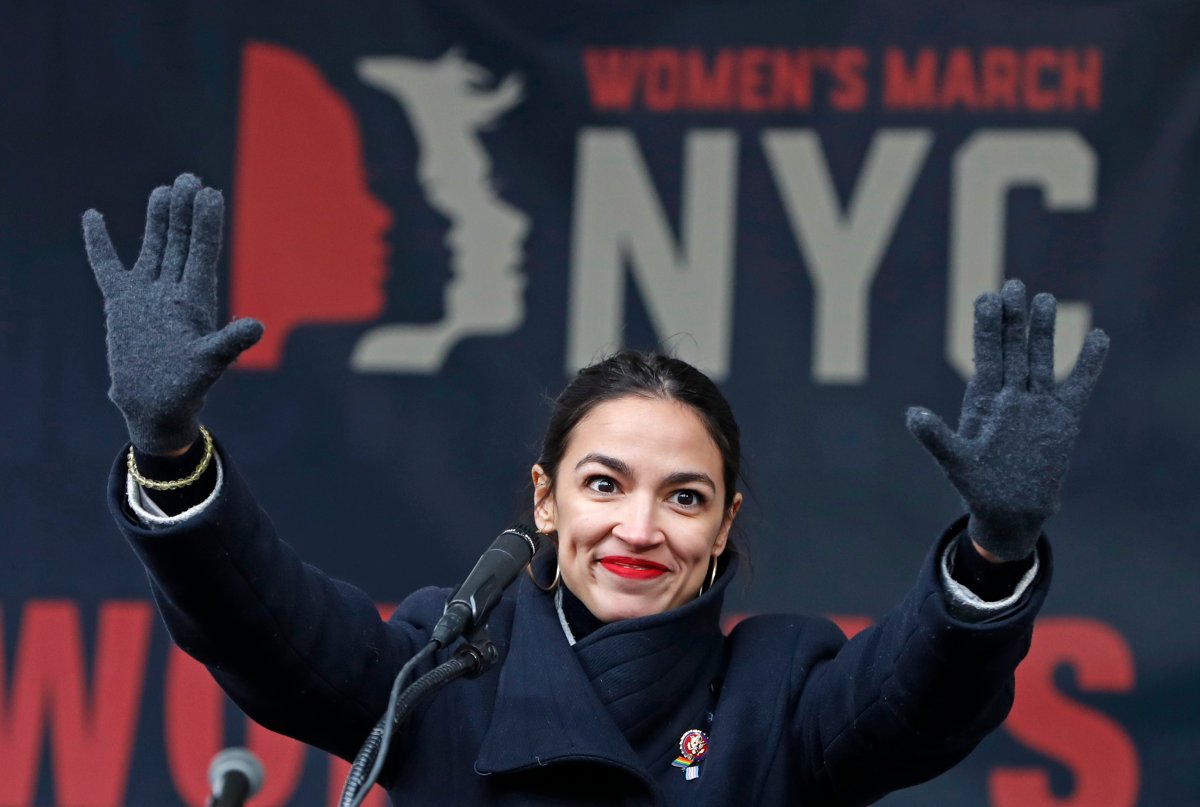 FILE - In this Jan. 19, 2019, file photo, U.S. Rep. Alexandria Ocasio-Cortez, (D-New York) waves to the crowd after speaking at Women's Unity Rally in Lower Manhattan in New York.
