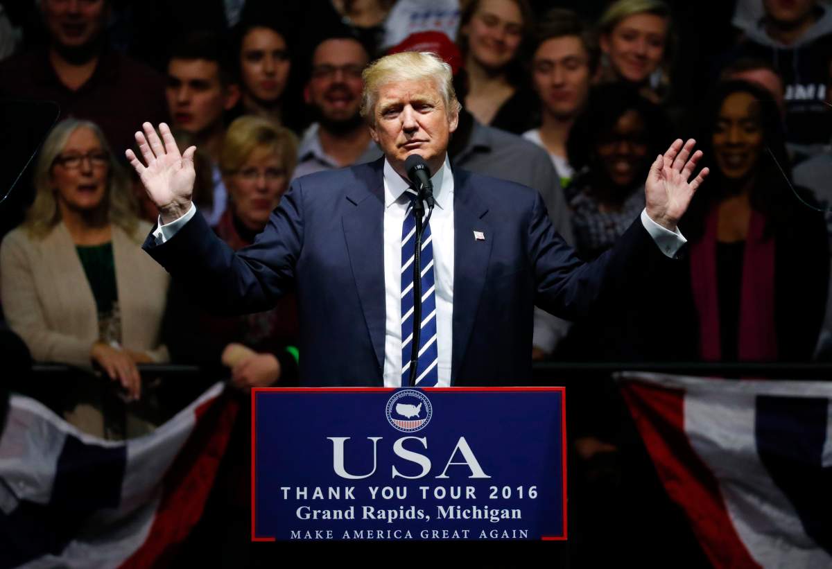 In this Dec. 9, 2016, file photo, President-elect Donald Trump speaks to supporters during a rally, in Grand Rapids, Mich. 