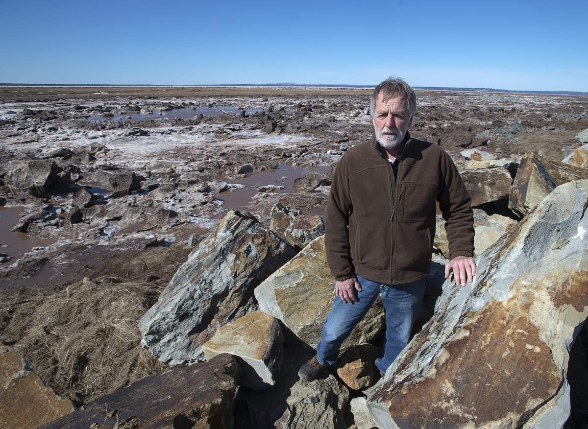John Atkinson, an area farmer and land owner, stands on a dike along the LaPlanche River near Amherst, N.S. on Wednesday, March 20, 2019. 