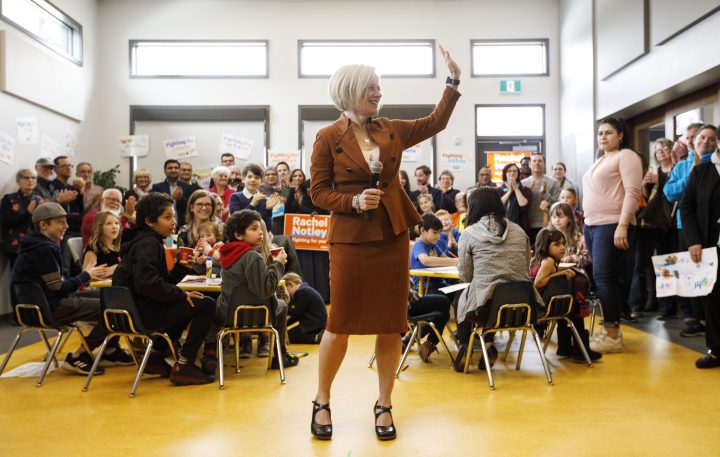 Alberta NDP Leader Rachel Notley makes a stop at a community centre while campaigning for the upcoming election, in Edmonton Alta. on Sunday, March 31, 2019.
