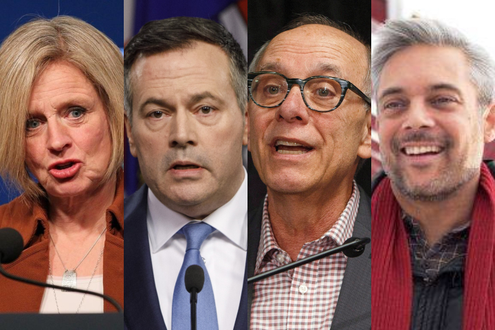 From left to right: NDP leader Rachel Notley, UCP leader Jason Kenney, Alberta Party leader Stephen Mandel, and Alberta Liberal leader David Khan. 