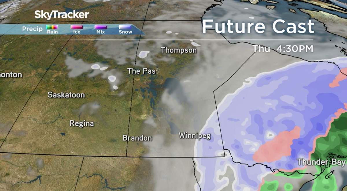 This weather map shows the storm continuing to move out of the province later in the day Thursday.
