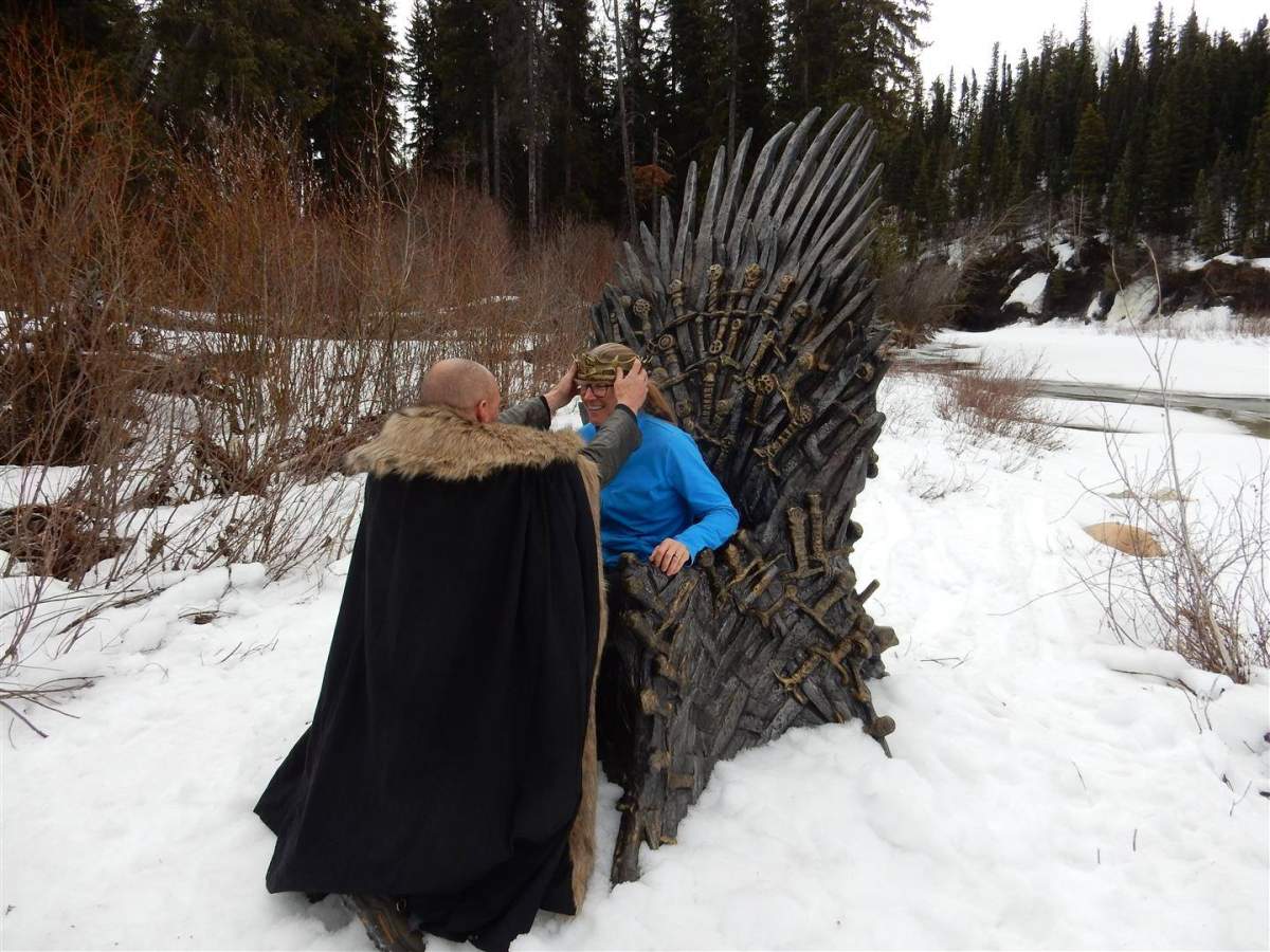 Birgit Sharman is crowned on the Iron Throne.