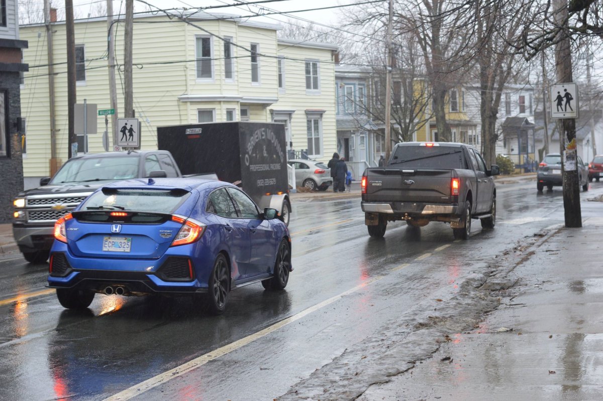 Vehicles travel along Windsor Street in Halifax on March 23, 2019.