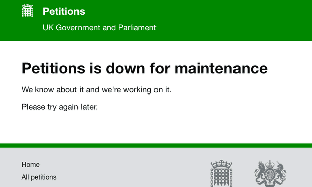 A screenshot of the Petitions website’s error message.