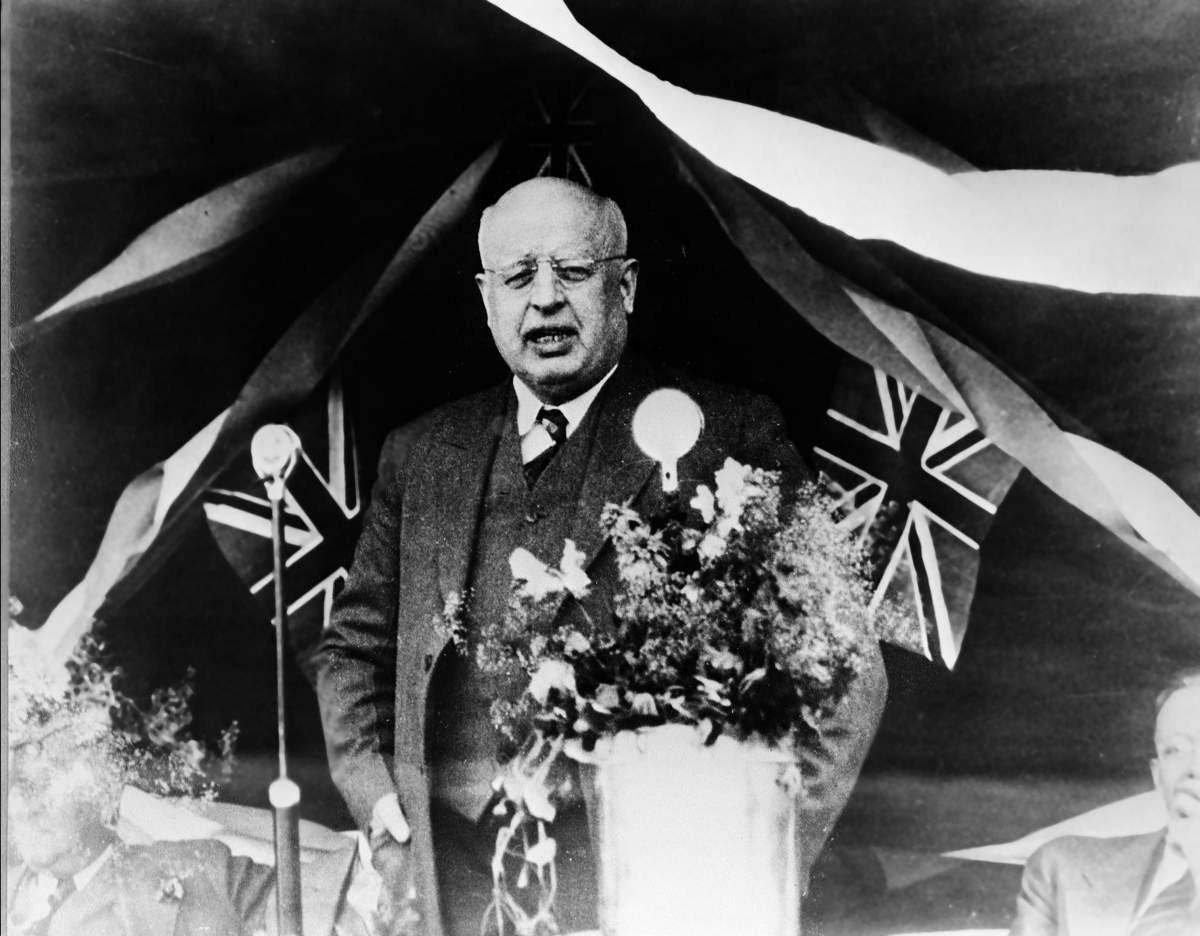 William Aberhart addressing a rally in Calgary in July 1937.