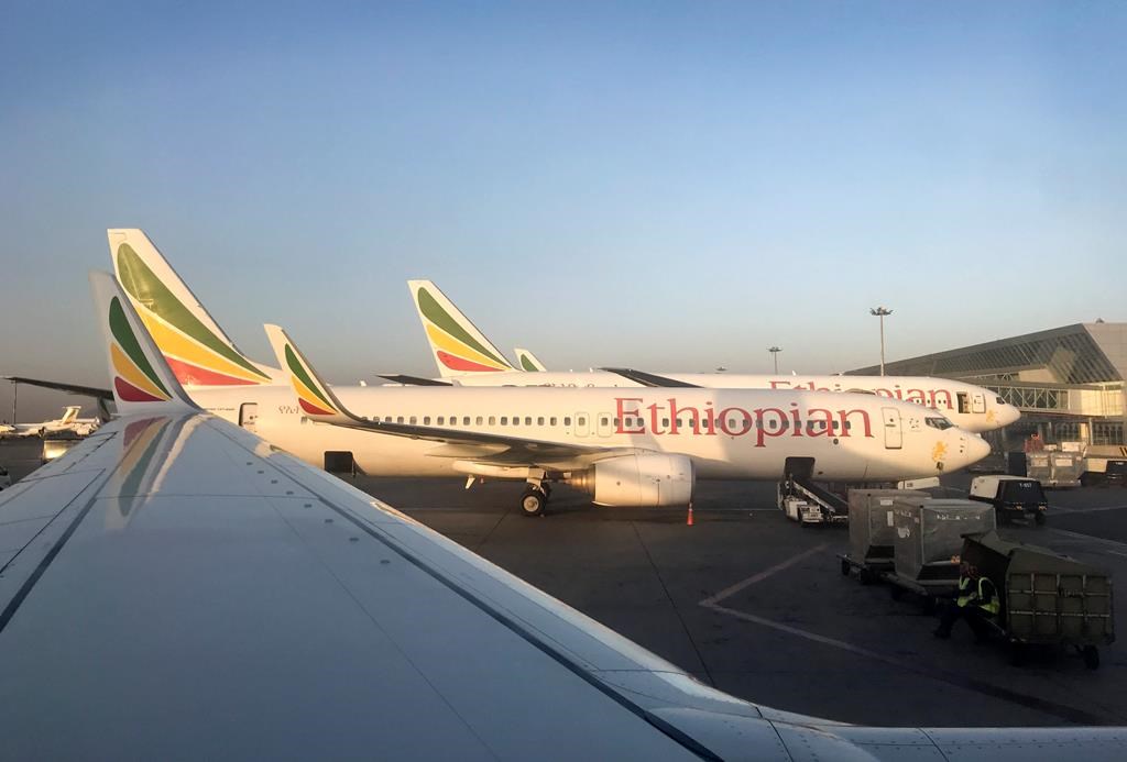 This photo taken Monday, Feb. 11, 2019, shows an Ethiopian Airlines Boeing 737-800 parked at Bole International Airport in Addis Ababa, Ethiopia.