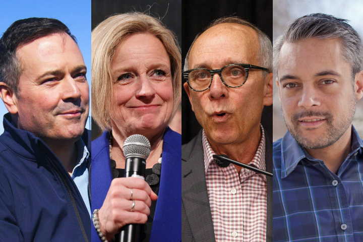 From left to right: UCP leader Jason Kenney, NDP leader Rachel Notley, Alberta Party leader Stephen Mandel, and Alberta Liberal leader David Khan. 