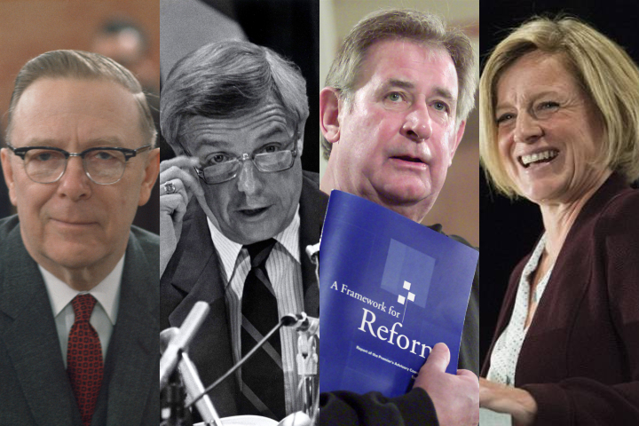 Left to right: Ernest Manning (1943-1968), Peter Lougheed (1971-1985), Ralph Klein (1992-2006), Rachel Notley (2015-present).