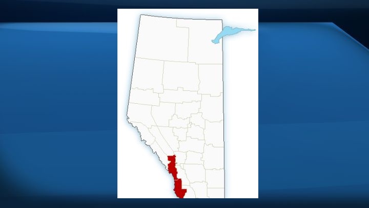 A map of Alberta showing areas under a snowfall warning on March 27, 2019.