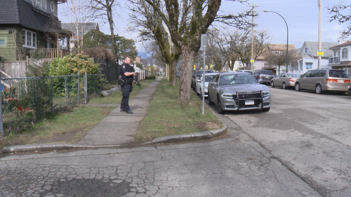 Vancouver police officers outside a B.C. Muslim Association mosque in Vancouver on Friday.