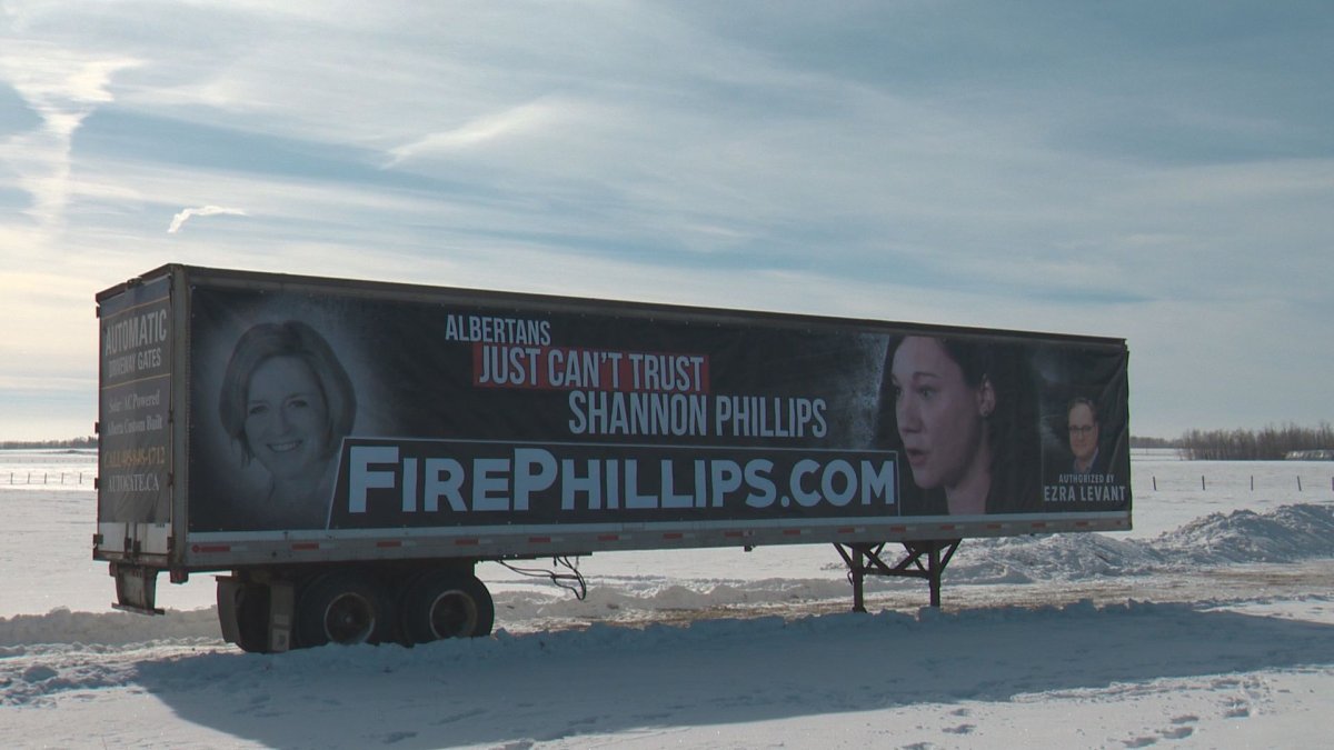 A "Fire Phillips" billboard appeared on the side of a truck south of Edmonton on March 5, 2019.