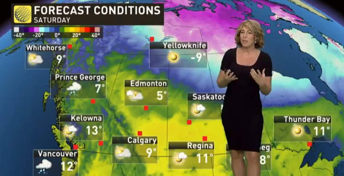 A Weather Network anchor standing in front of Manitoba on the map.