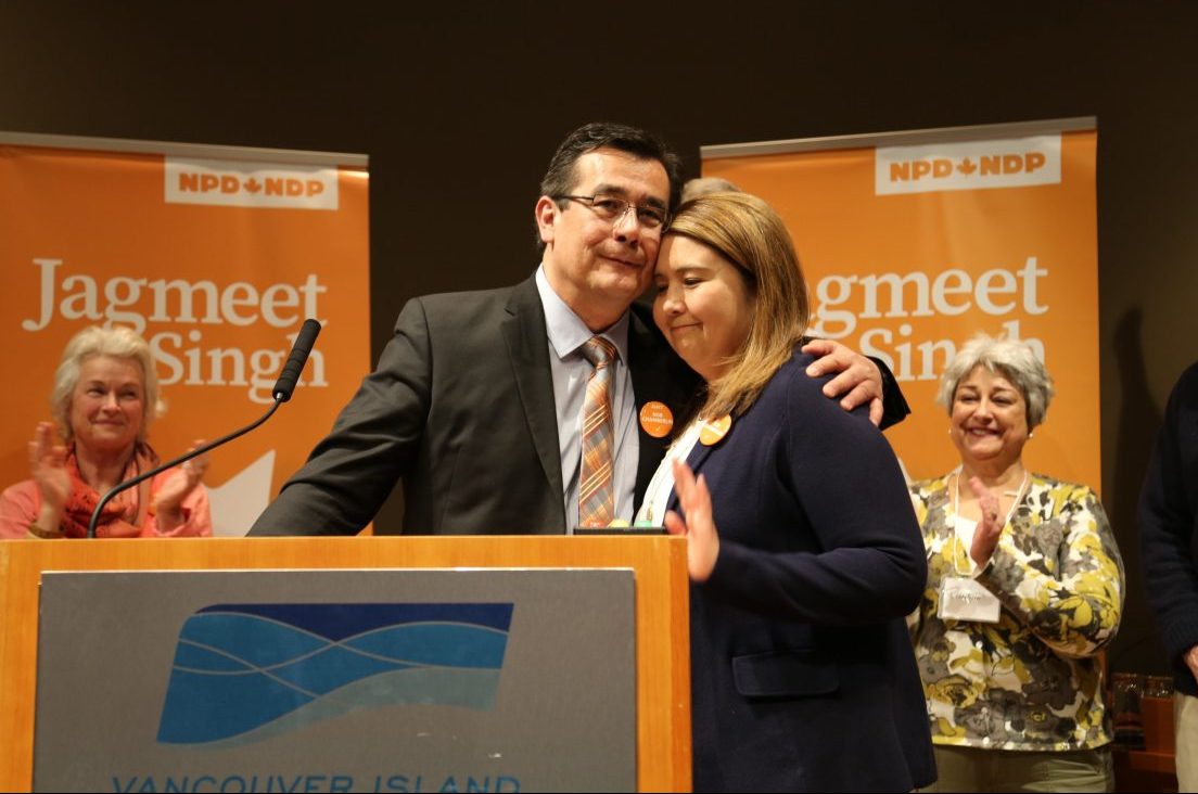 Chief Bob Chamberlin hugs his partner Melissa Louie after winning the NDP nomination for the Nanaimo-Ladysmith federal byelection Saturday.