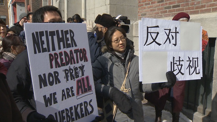 Members of Montreal's Chinese community held a rally demanding a public apology from Québec Solidaire MNA Émilise Lessard-Therrien, Sunday, March 3, 2019.