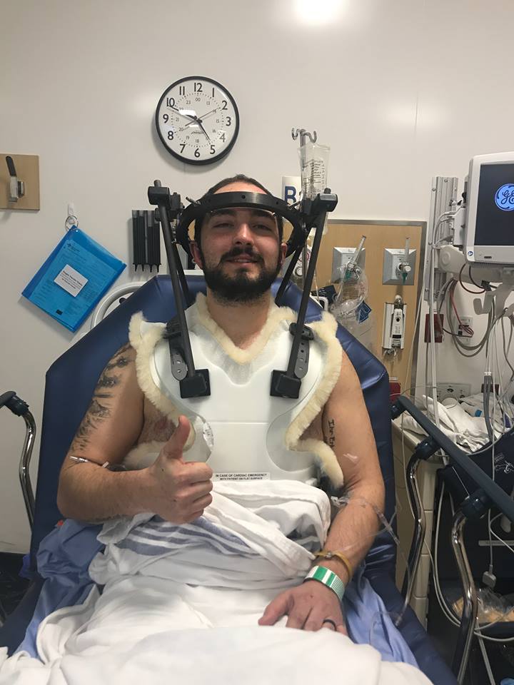 Ben in hospital recovering from a C7 fracture.