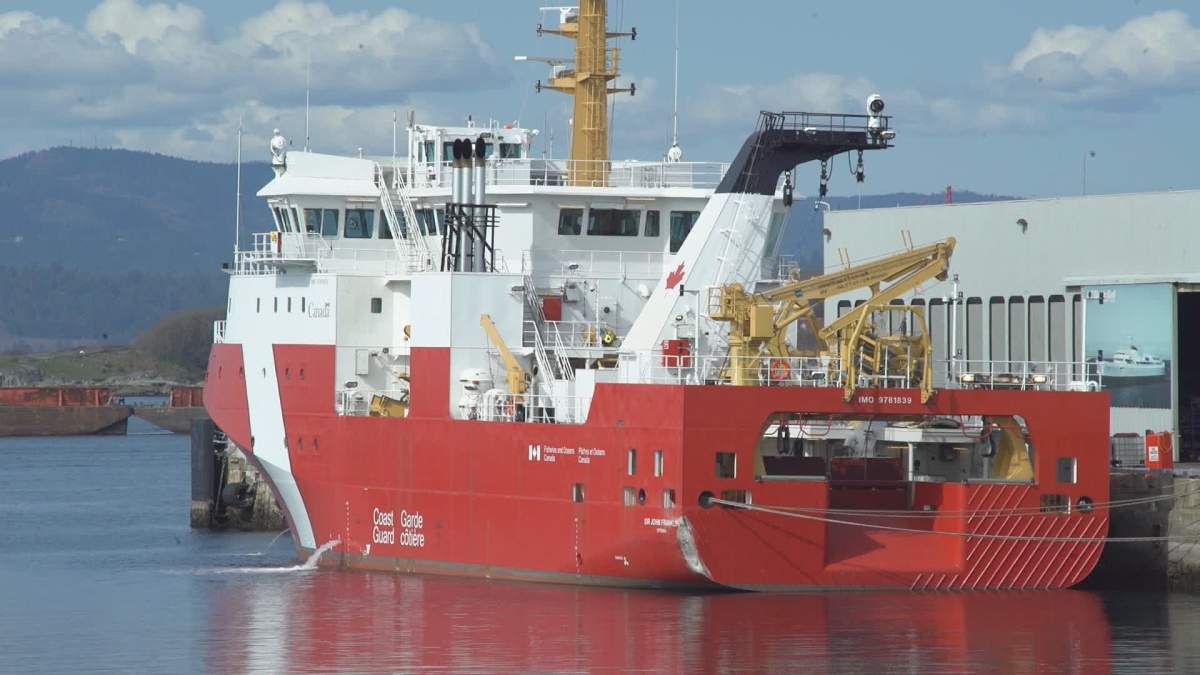 The Sir John Franklin at port in Ogden Point Sunday. Damage can be seen on the port side.