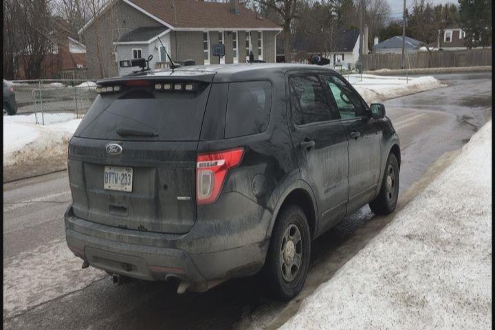 A Peterborough Police Service vehicle is parked near the only mosque in the city on Friday.