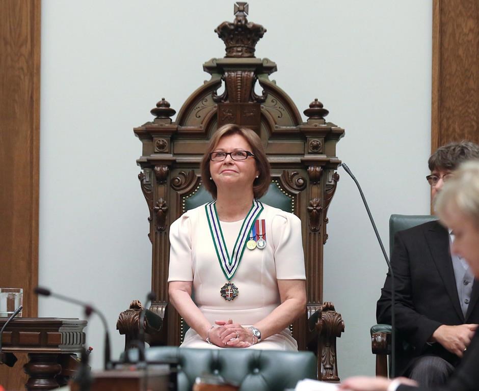 Judy Foote is installed as lieutenant-governor of Newfoundland and Labrador, with her husband Howard Foote by her side, at a ceremony at the Confederation Building in St. John's on May 3, 2018.