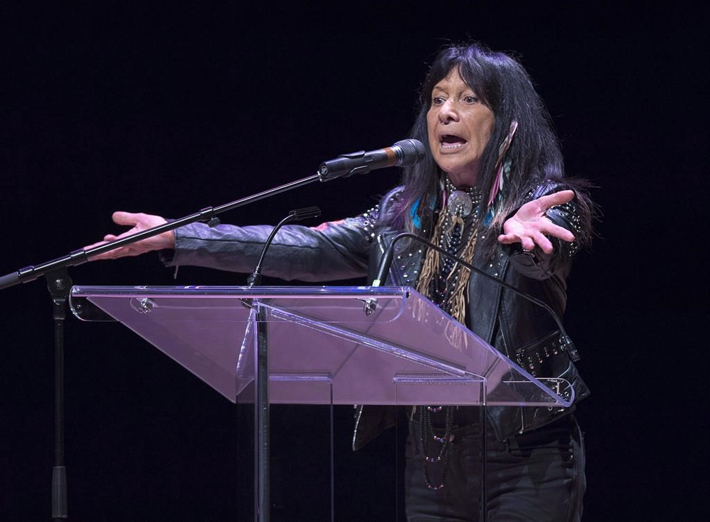 FILE - Buffy Sainte-Marie talks about diversity and inclusion at the Belong Forums, a public lecture series as part of the Year of Belonging, in honour of Dalhousie University's 200th anniversary, in Halifax on Tuesday, April 17, 2018.