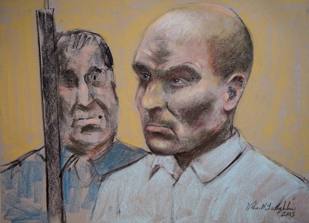 Bertrand Charest is seen on a court drawing during a bail hearing, on March 16, 2015 in St-Jerome, Que. Former national ski coach Bertrand Charest will be released from prison as he appeals his sexual-assault convictions.
