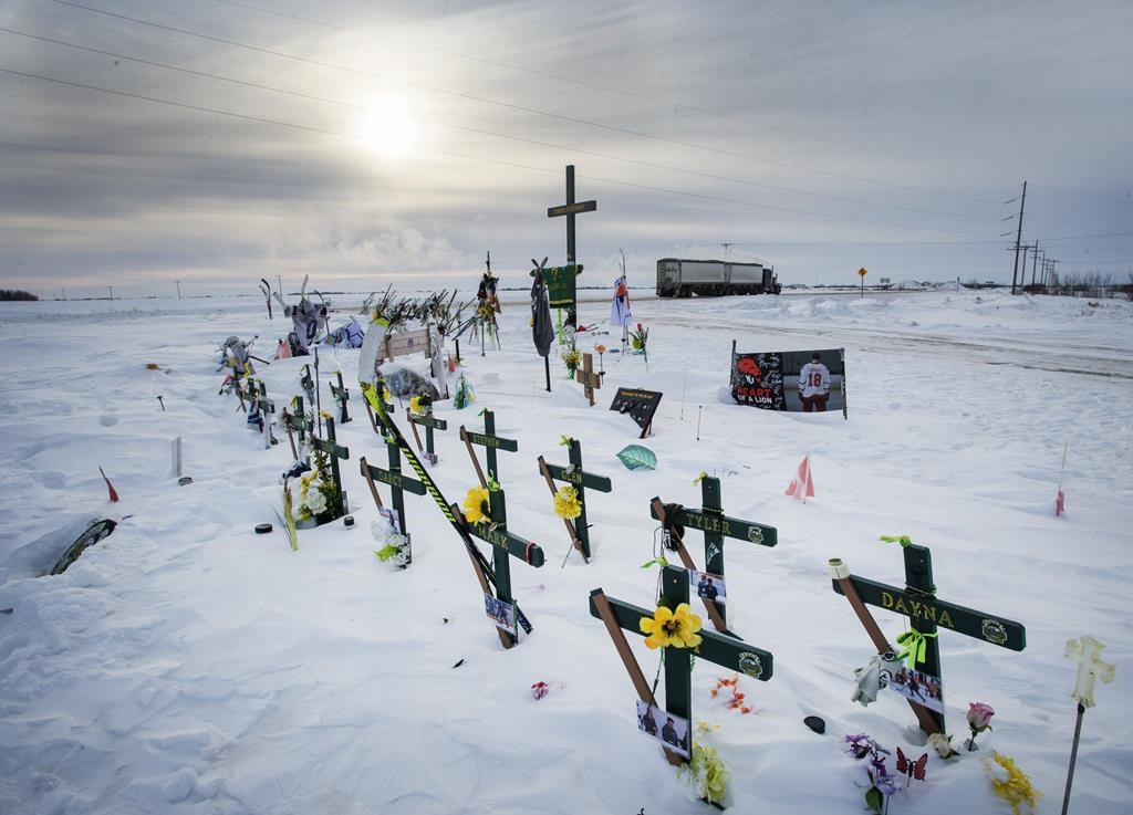 A memorial for the 2018 crash where 16 people died and 13 injured when a truck collided with the Humboldt Broncos hockey team bus in Tisdale, Saskatchewan.