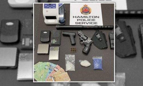 Hamilton Police officers seized a large quantity of "Blue Meth" and fentanyl, "Popcorn" (heroin/fentanyl), methamphetamine, three stun guns, a pellet gun revolver modified to fire 22 calibre ammunition and a holster.