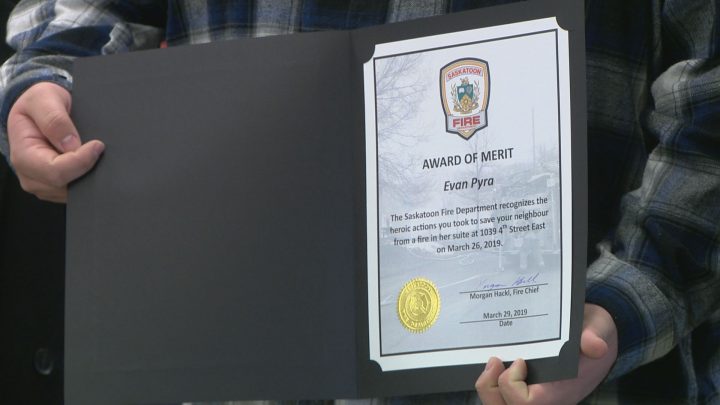 The Saskatoon Fire Department recognized Evan Pyra’s heroics with an award of merit.