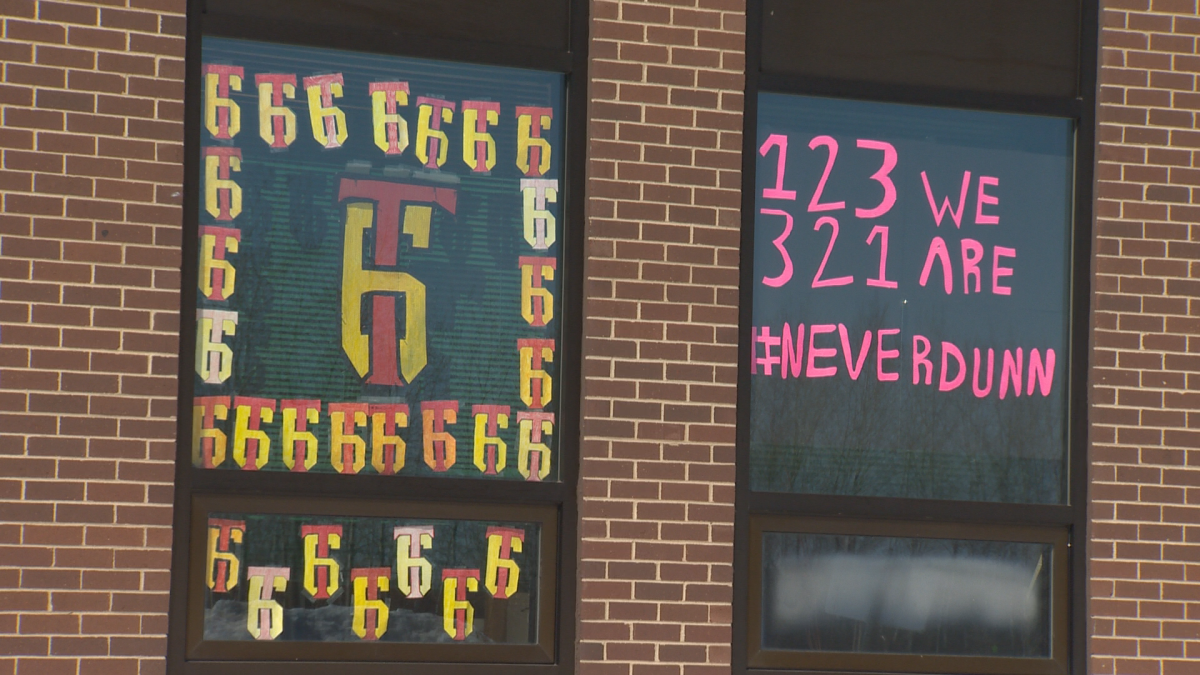 Every window on the front of Blackville School is decorated honouring Thomas Dunn and supporting the community’s bid for rink upgrades