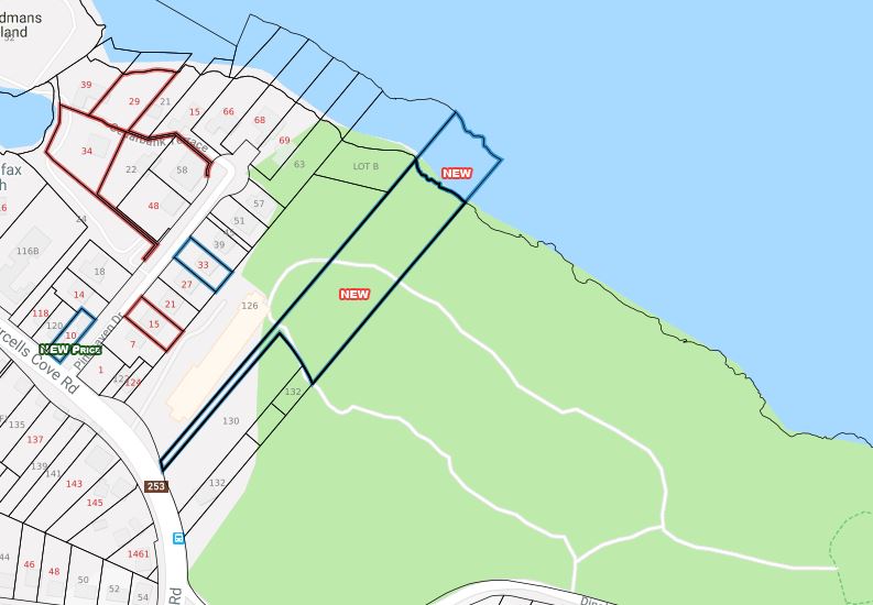 A section of vacant land, marked by the dark blue outline and “new” marker, indicates the piece of land up for sale in the Sir Sandford Fleming Park in Halifax, N.S.