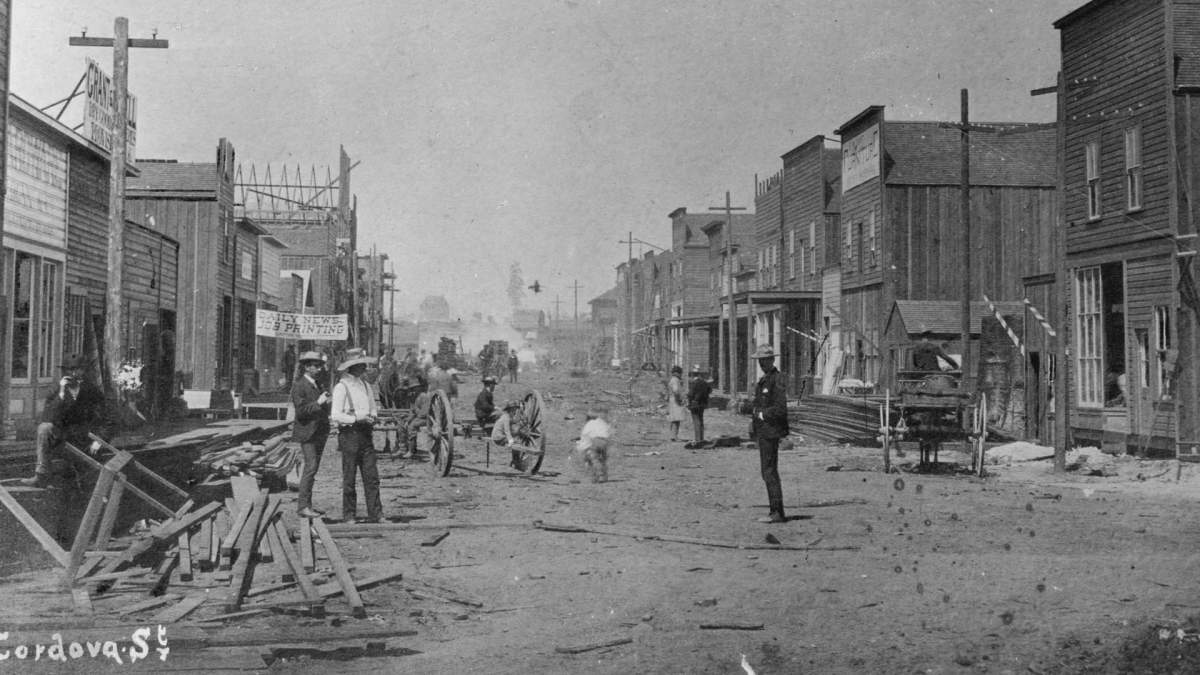 A view of what would be known as Gastown on the shores of the Burrard Inlet in the 1860s.
