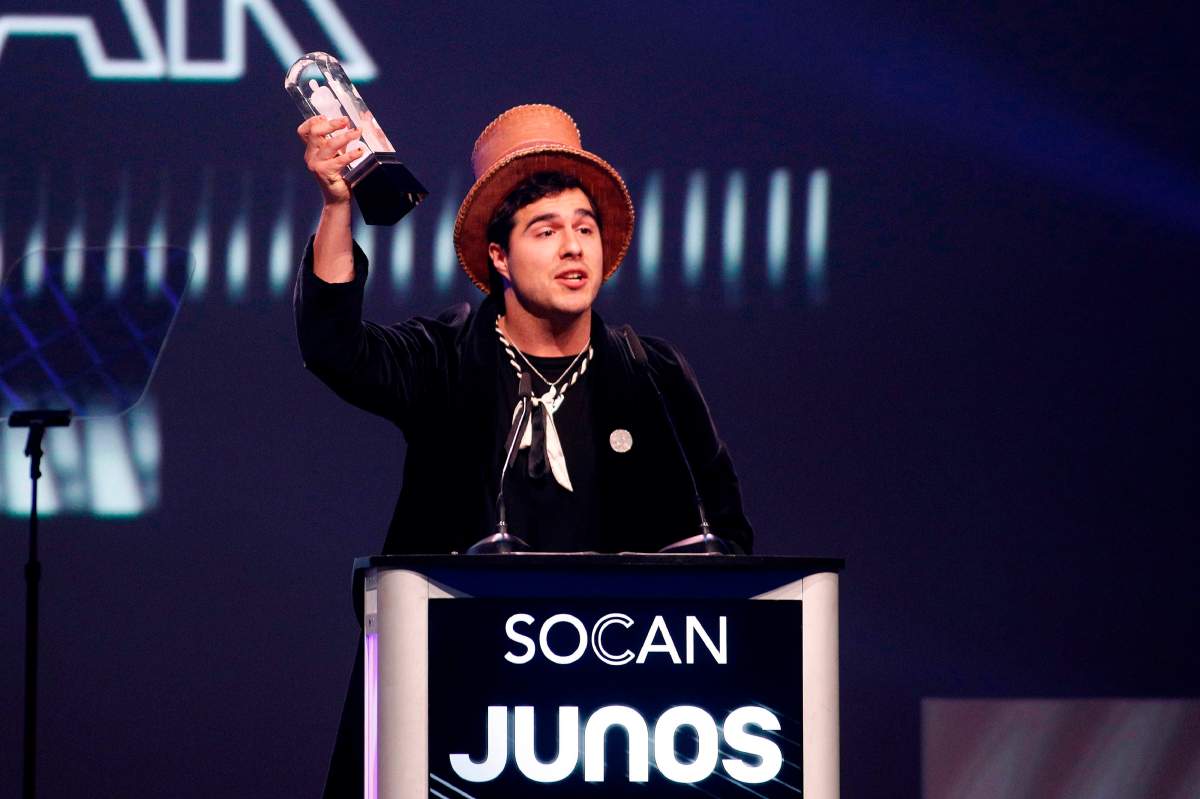 Jeremy Dutcher wins the Indigenous Music Album of the Year for ‘Wolastoqiyik Lintuwakonawa’ during the Juno Awards Gala in London, Ont., on March 16, 2019.