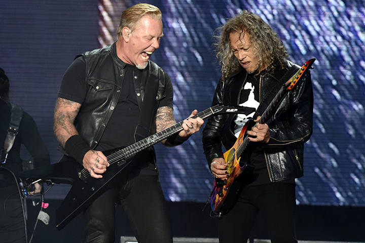  James Hetfield (L) and Kirk Hammett of Metallica perform during the 2017 Outside Lands Music and Arts Festival at Golden Gate Park on Aug. 12, 2017 in San Francisco, Calif. 