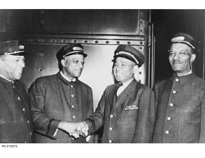 Porters Shirley Jackson, Pete Stevens, Harry Gairy and Jimmy Downes. The Brotherhood of Sleeping Car Porters negotiated a contract with the Canadian Pacific Railway in 1945, becoming the first Black union in Canada to sign an agreement with a white employer.