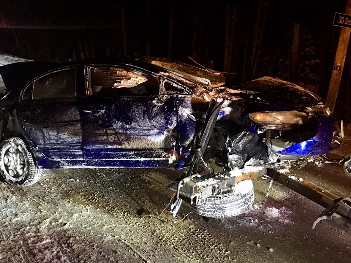 Halton police say the driver of this vehicle crashed after allegedly attempting to flee a Milton RIDE check.