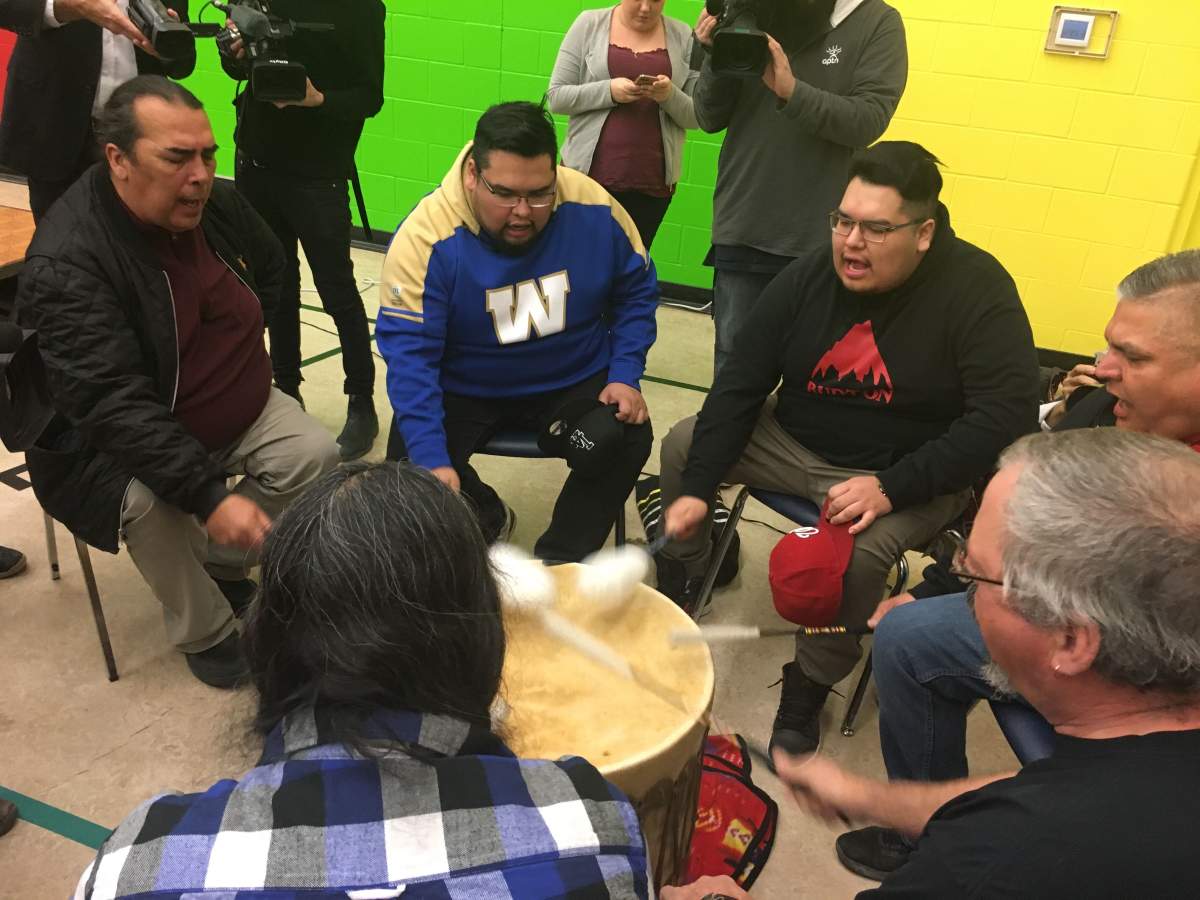A drum circle during the ceremony and prayer before the release of the Tina Fontaine report.