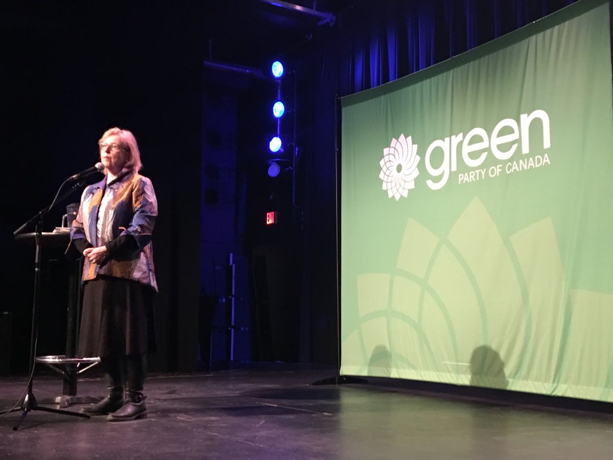 Green Party leader Elizabeth May speaking to a crowd at the Park Theater in Winnipeg.