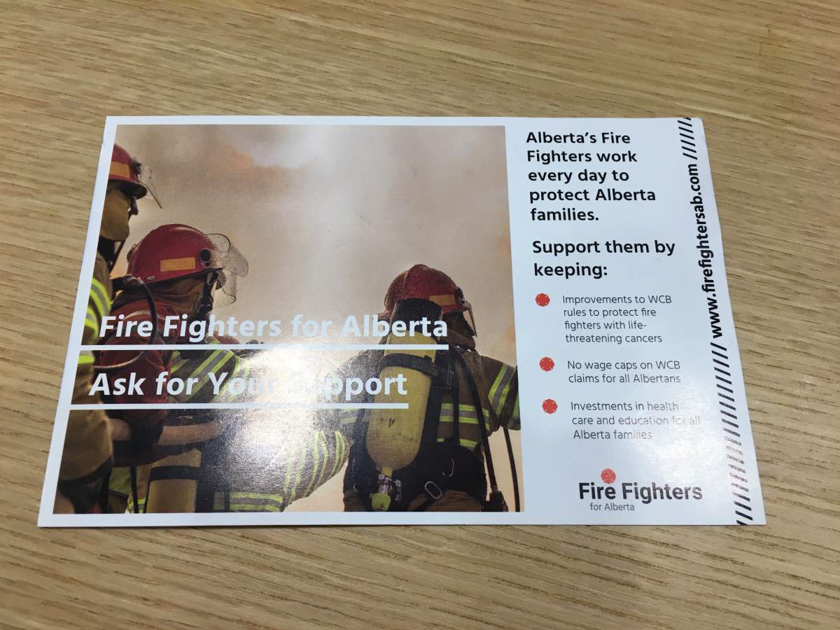 The back of a handbill from the Fire Fighters for Alberta, distributed to Calgary-Varsity endorsing the NDP candidate.