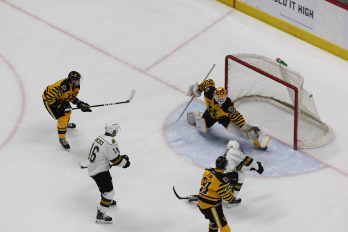 Hamilton, Ont. - Liam Foudy of the London Knights scores on Zachary Roy of the Hamilton Bulldogs in a 4-1 London win on March 2, 2019.