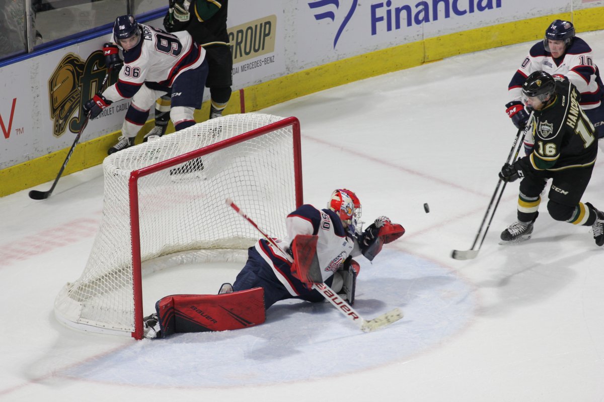 London, Ont. - Ivan Prosvetov goes to the splits to stop London Knights forward Kevin Hancock as part of his 47 save night as the Spirit defeated the Knights 4-1 at Budweiser Gardens on March 9, 2019.